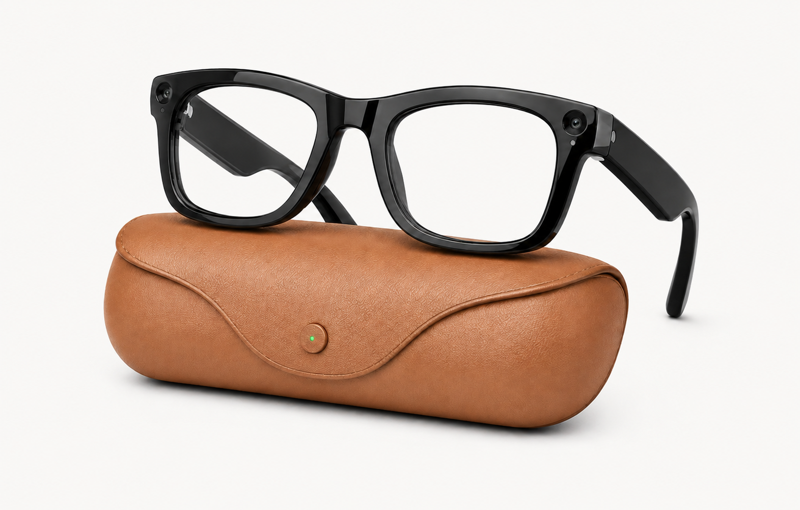 Gafas inteligentes LUNARIQ One negras con su estuche de carga marrón